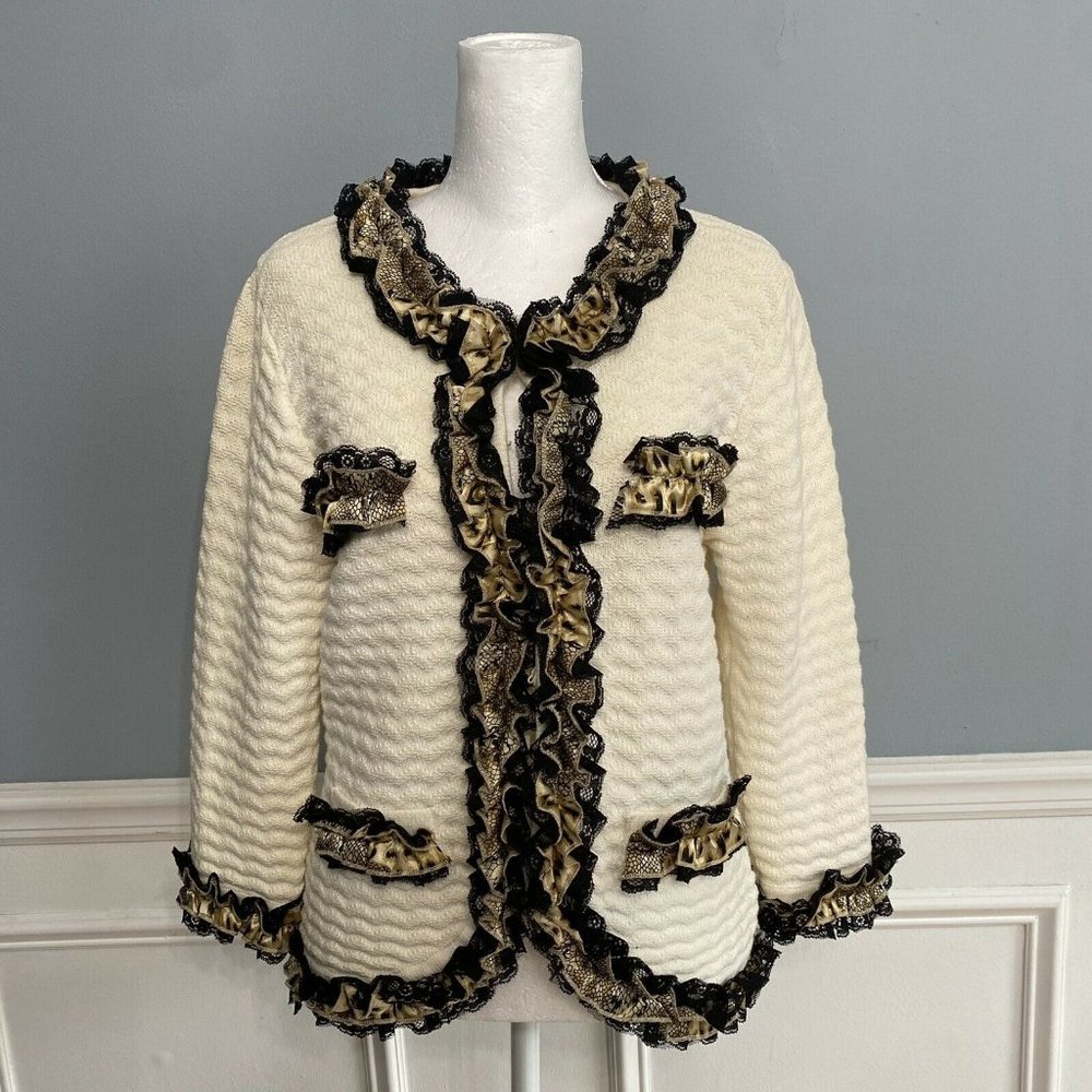 Michael Simon Cardigan Sweater Ruffle Trim Lace Cream Black Gold Hook Clasp L